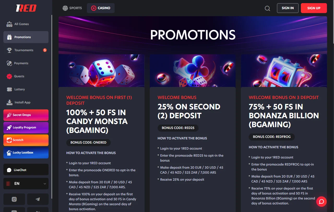 Seleção jogos e provedores principais no 1Red Casino Brasil