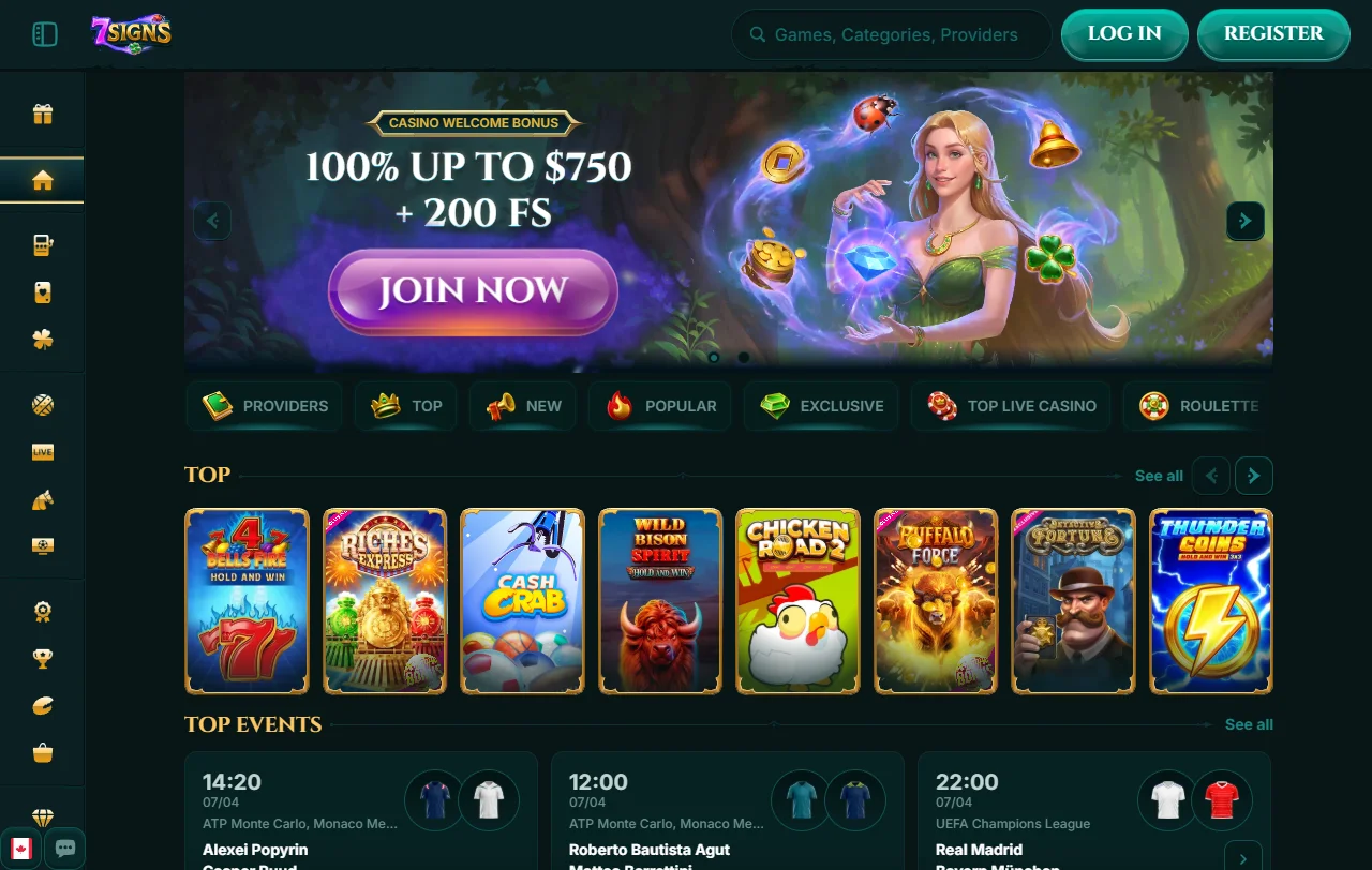Página inicial de 7Signs Casino Brasil com navegação principal, promoções em destaque e catálogo de jogos