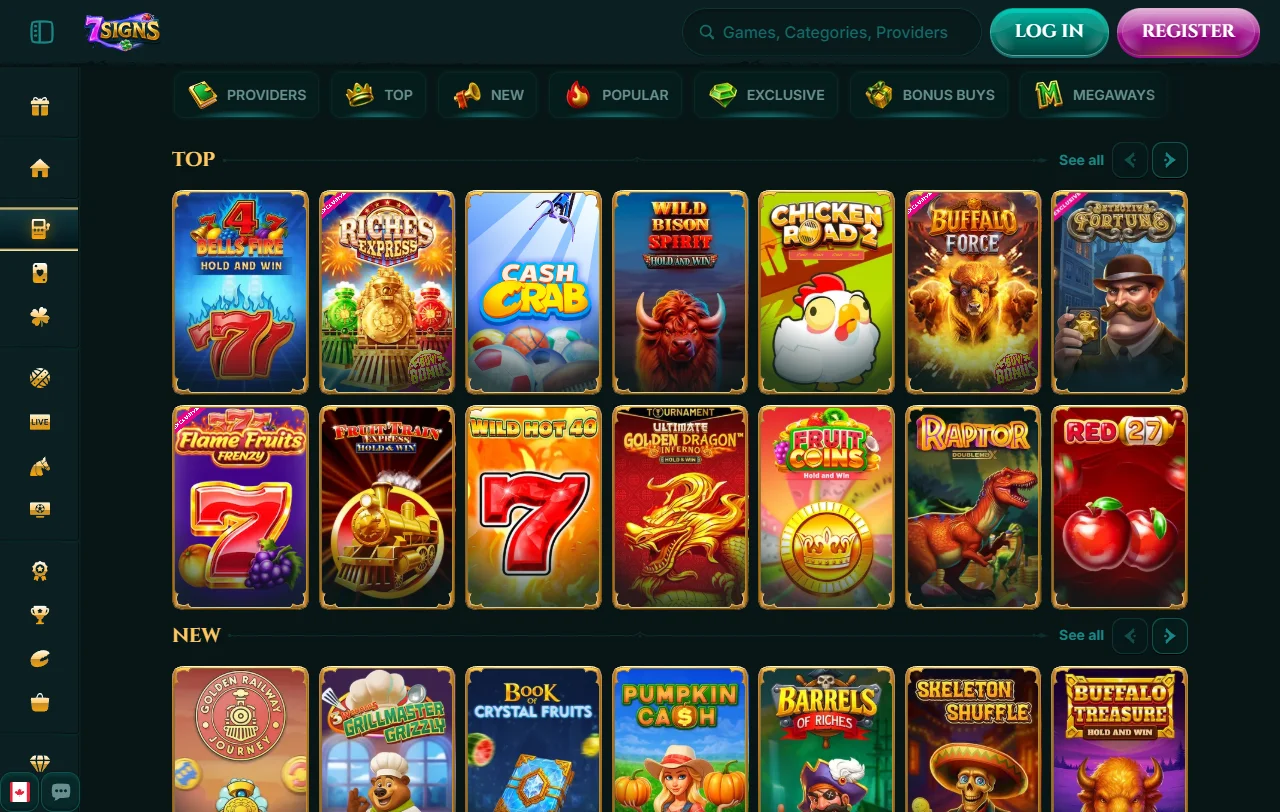 Seção de slots de 7Signs Casino Brasil mostrando títulos populares como Gates of Olympus, Sweet Bonanza e Fortune Tiger
