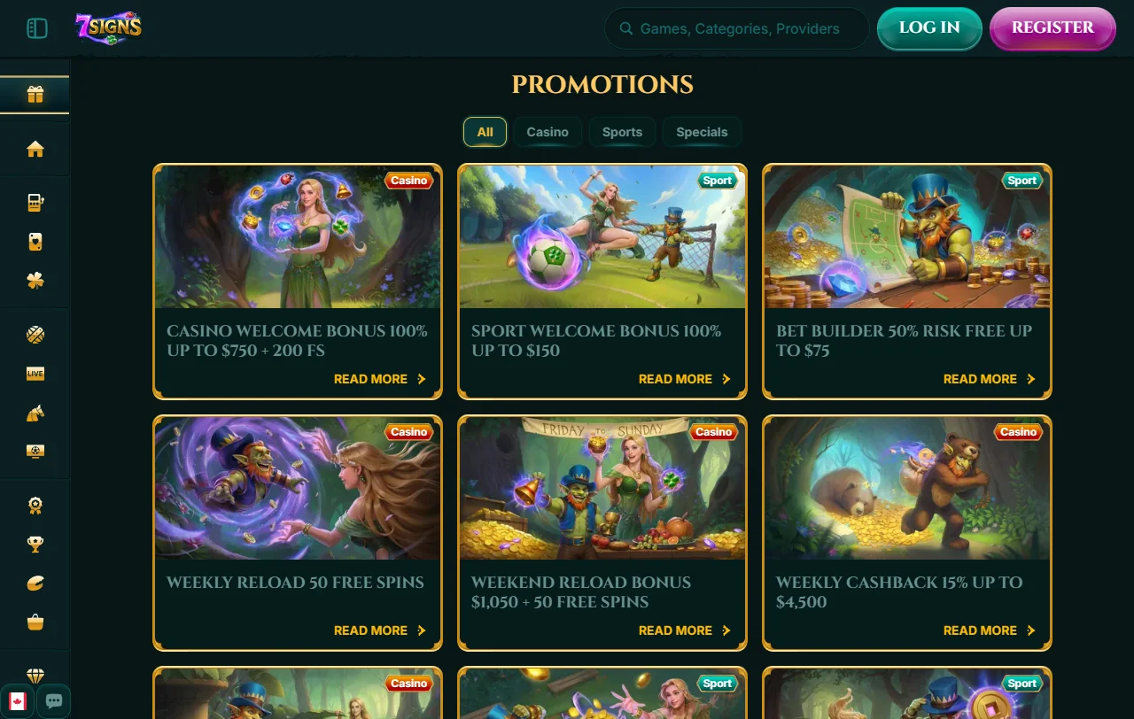 Promoções e bônus de 7Signs Casino Brasil incluindo bônus de boas-vindas de R$ 1.000 e programa VIP