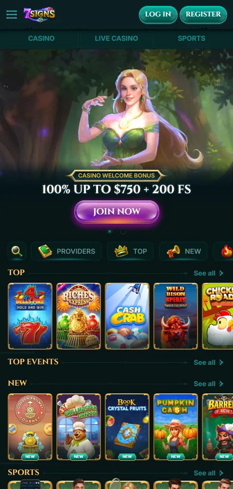 Versão mobile otimizada de 7Signs Casino Brasil com menu de navegação compacto e acesso rápido a jogos