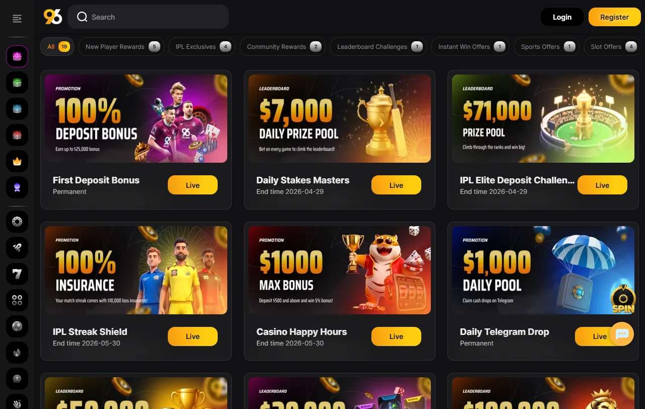 Seleção jogos e provedores principais 96 Casino Brasil
