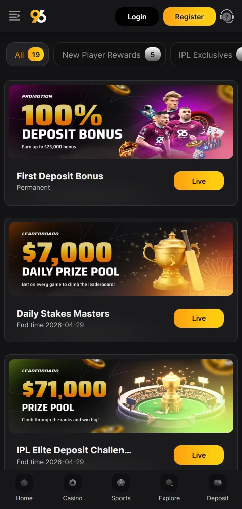 Depósitos saques métodos pagamento 96 Casino Brasil
