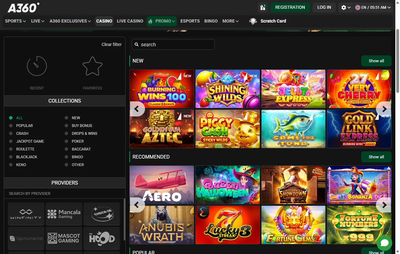 Seleção jogos e provedores principais A360 Casino Brasil