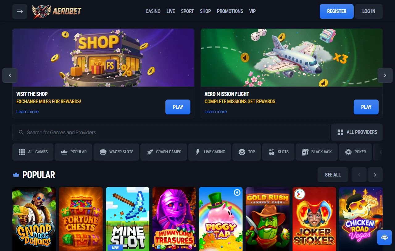 Página inicial do AeroBet Casino Brasil mostrando navegação, categorias de jogos e promoções ativas