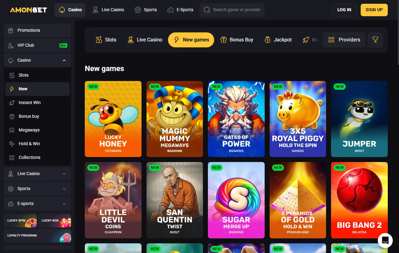 Catálogo de jogos de AmonBet Casino Brasil com slots e títulos de provedores internacionais