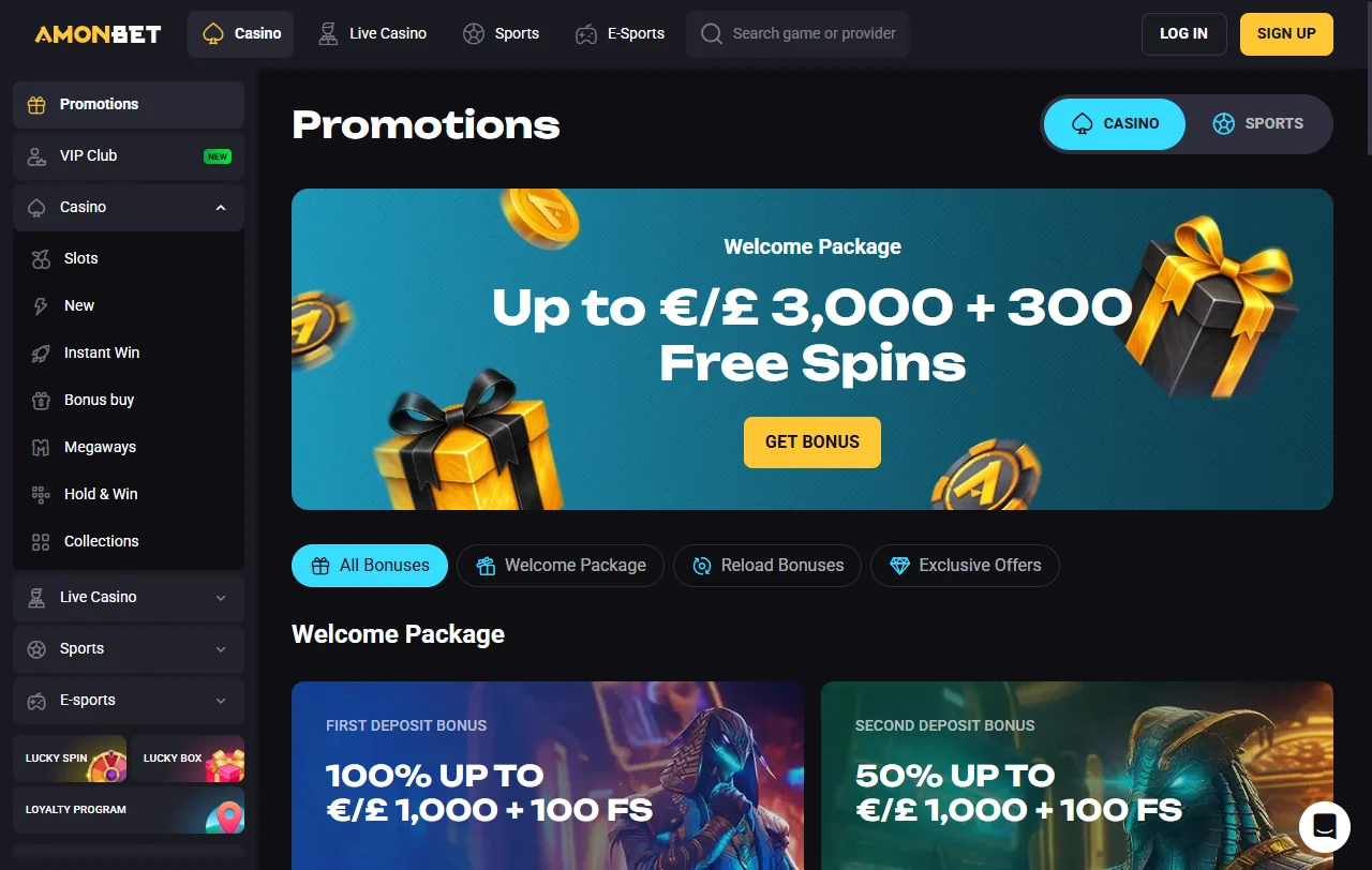 Bônus e promoções de AmonBet Casino Brasil incluindo pacote de boas-vindas