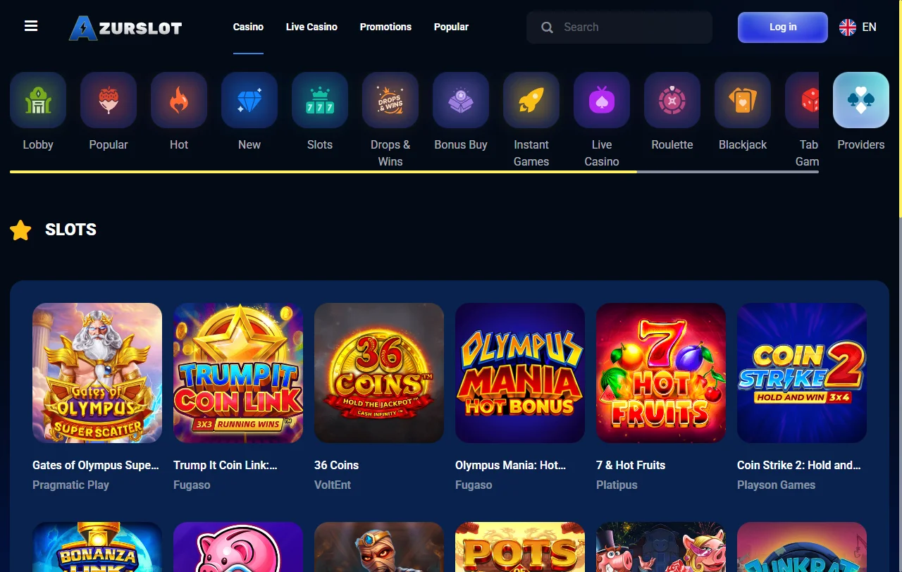 Jogos slots e live casino no AzurSlot Casino Brasil