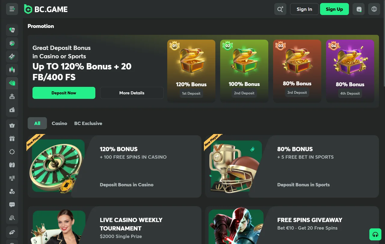 Jogos slots e mesas ao vivo no BC Game Casino Brasil