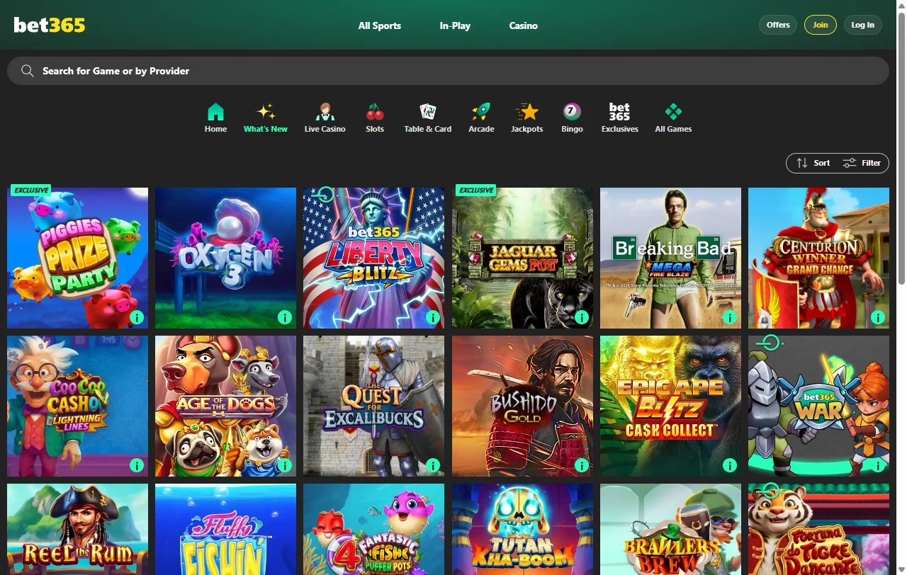 Catálogo de slots e jogos ao vivo do bet365 Casino Brasil com 2.500+ títulos disponíveis