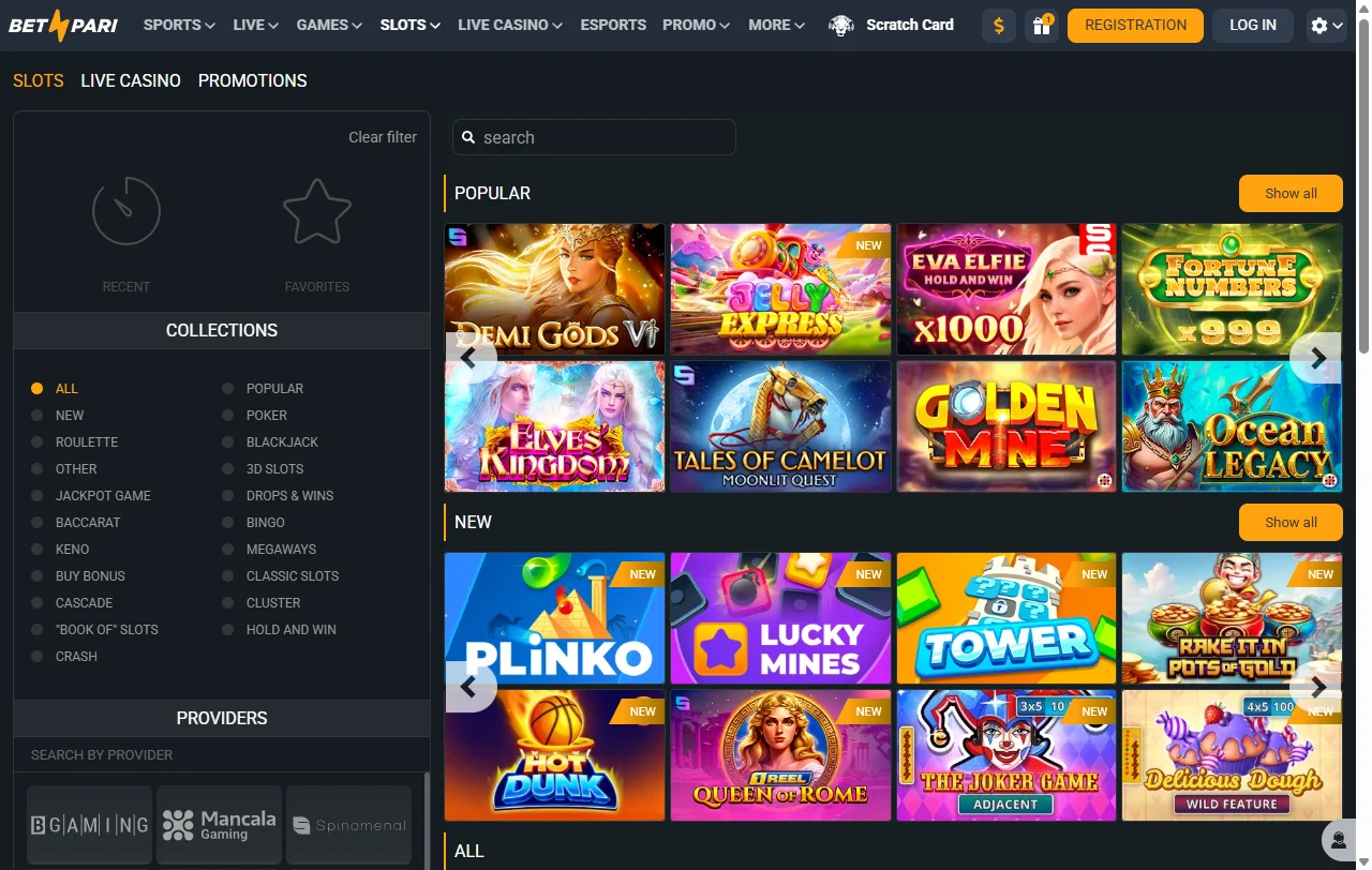Jogos slots e live casino disponíveis no Betpari Casino Brasil