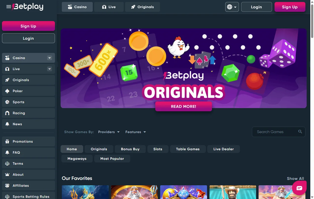 Seleção jogos e provedores principais Betplay Casino Brasil