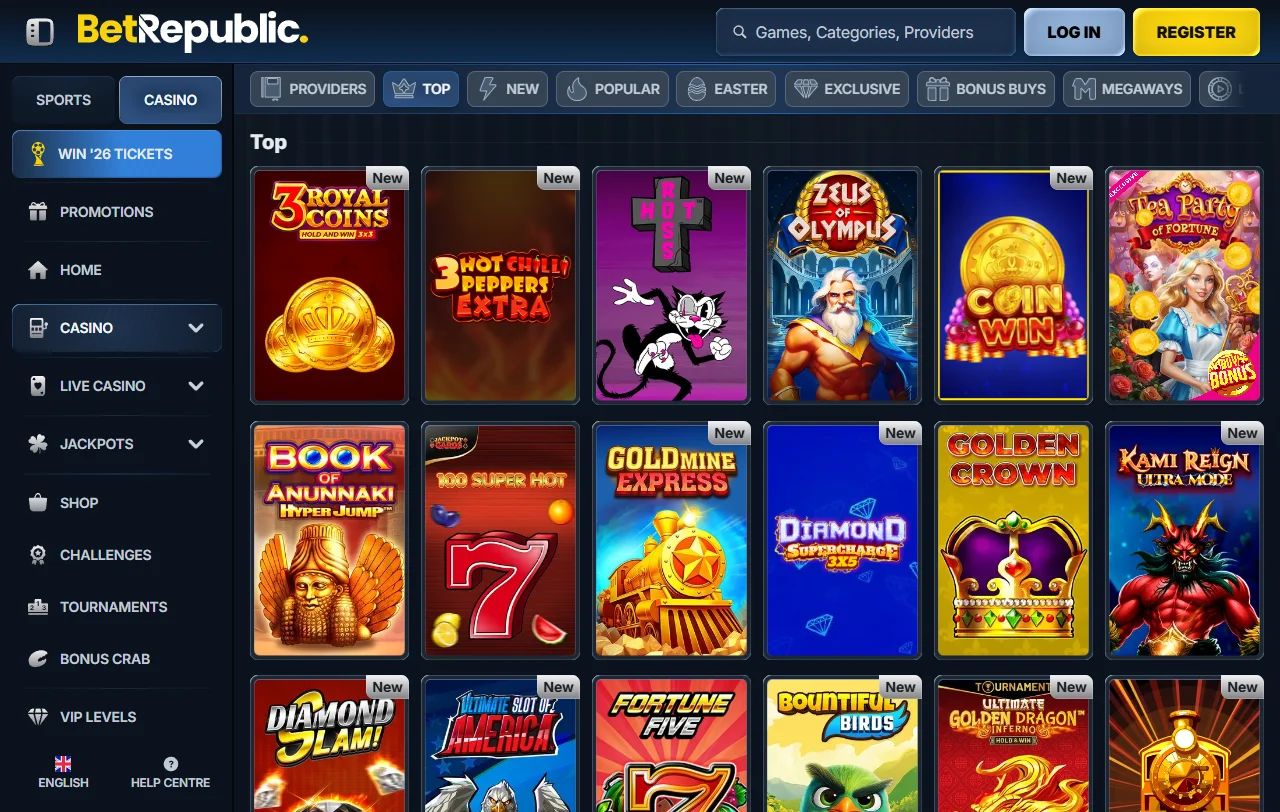 Slots e jogos de mesa disponíveis no BetRepublic Casino Brasil