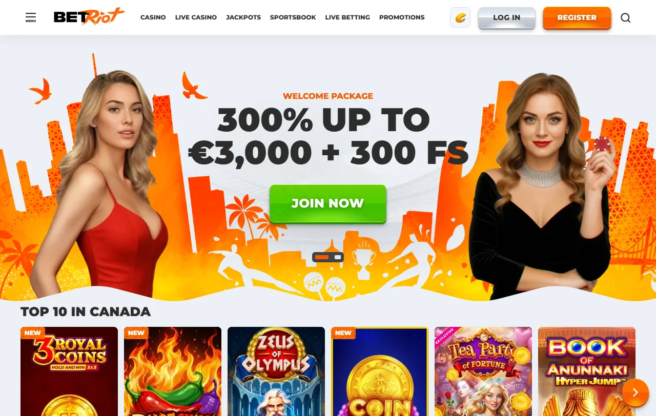 Interface completa do BetRiot Casino Brasil mostrando catálogo de jogos e opções de bônus