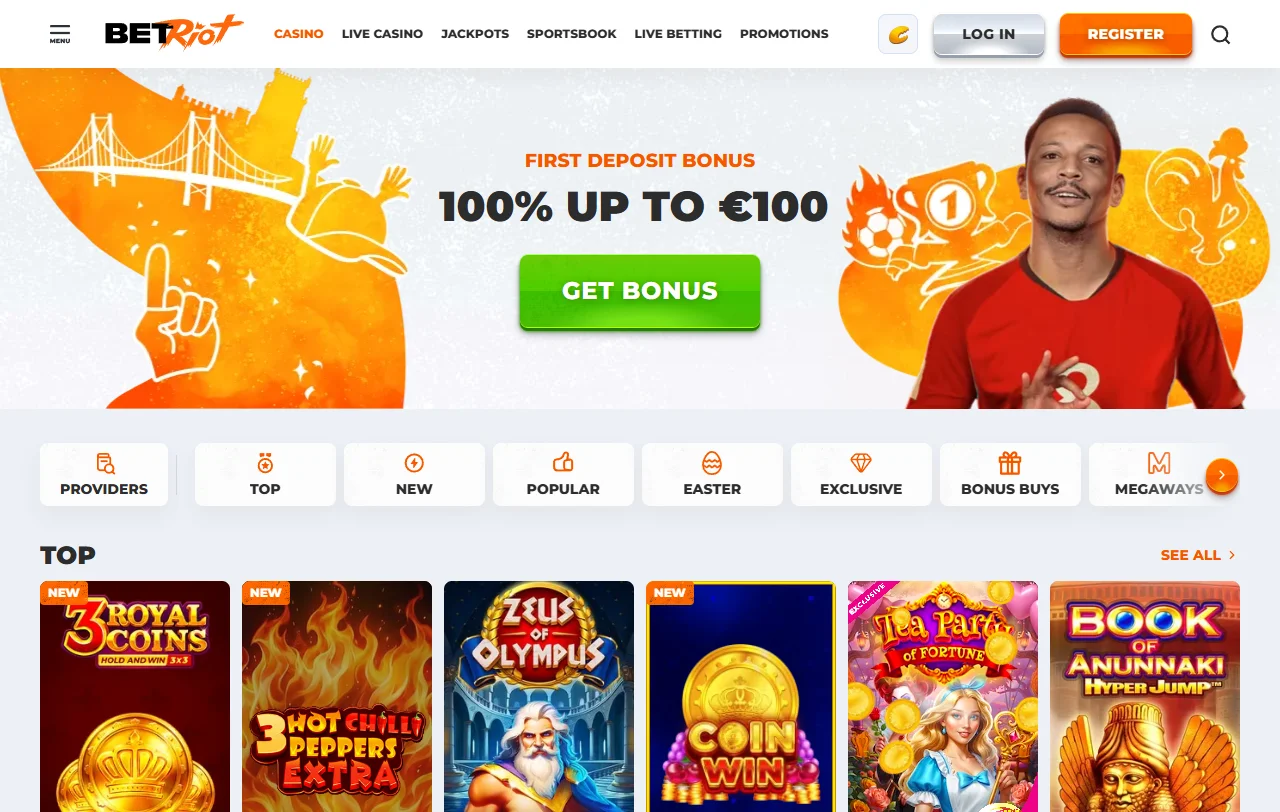 Seção de slots premium do BetRiot Casino Brasil com títulos de Pragmatic Play e PG Soft