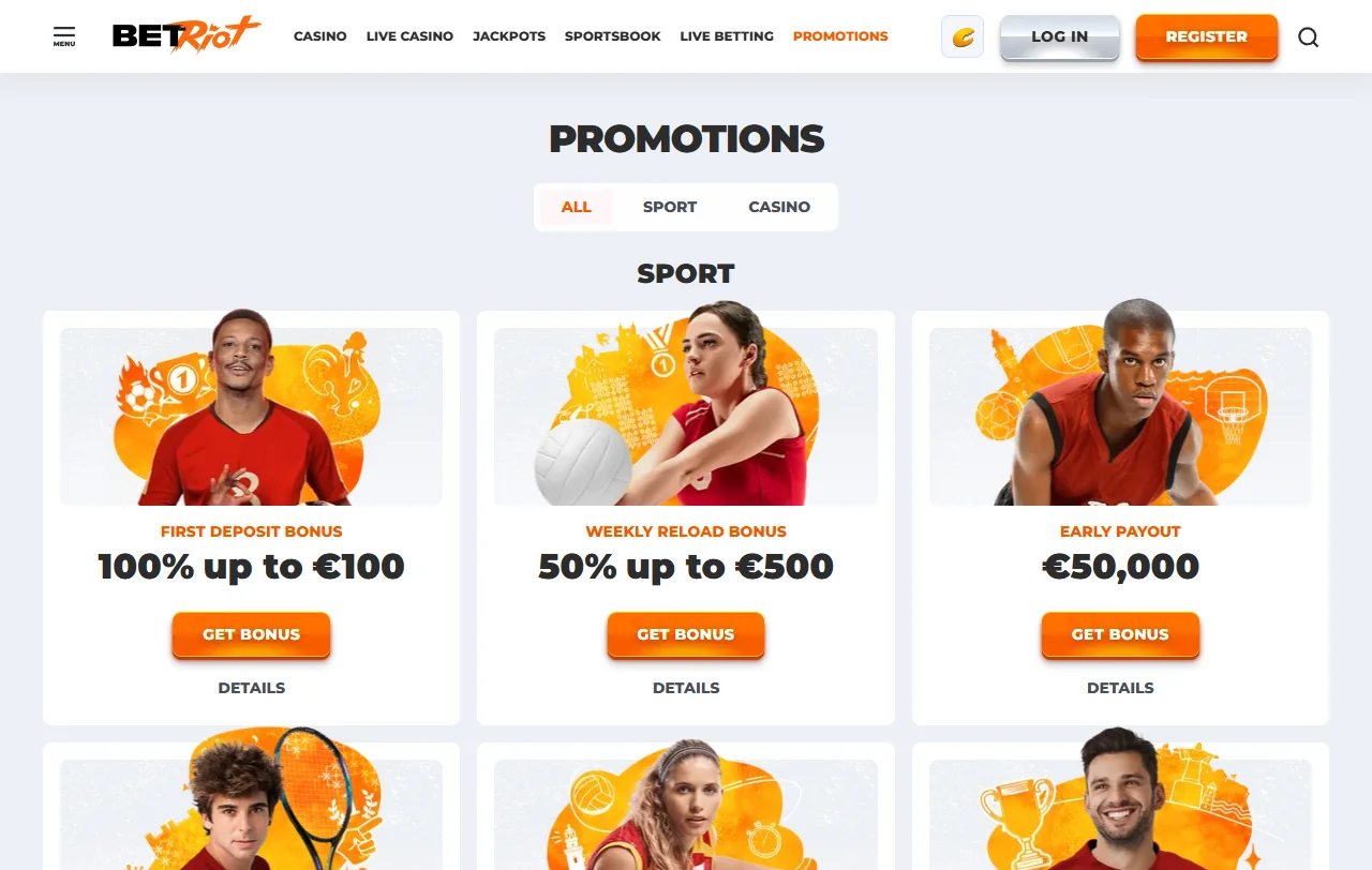 Painel de promoções e bônus exclusivos disponíveis no BetRiot Casino Brasil