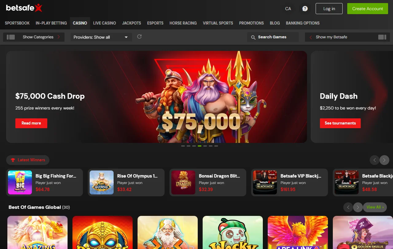 Seleção de jogos e provedores principais no Betsafe Casino Brasil