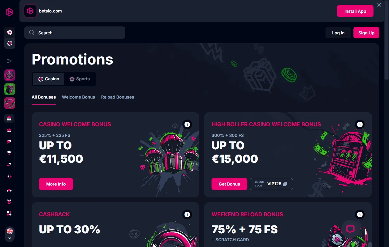 Jogos slots e live casino Betsio Casino Brasil catálogo