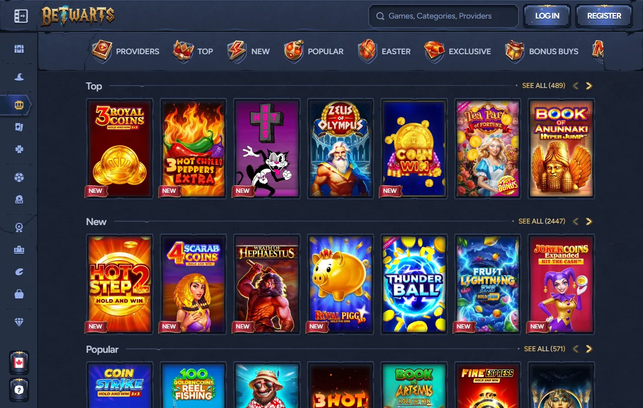 Jogos slots e live casino no Betwarts Casino Brasil