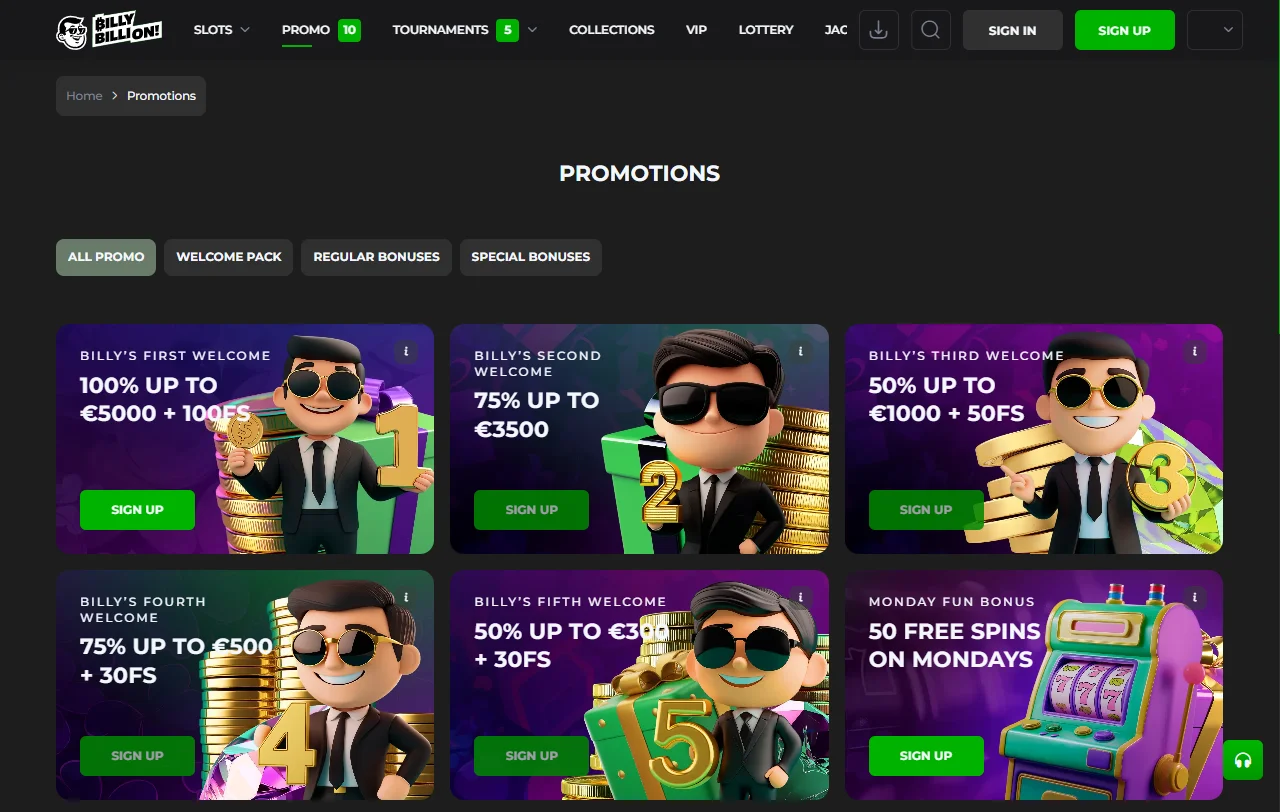 Seleção jogos e provedores principais Billy Billion Casino Brasil