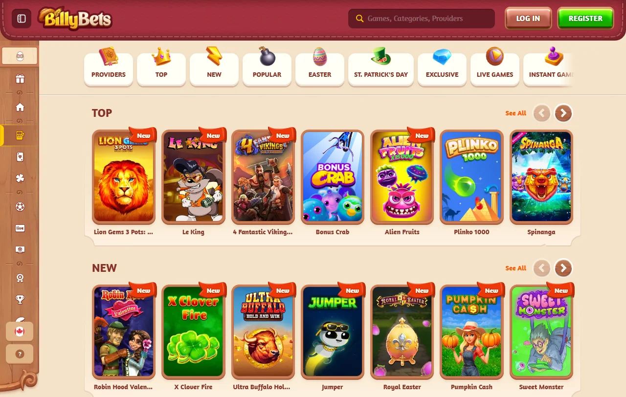 Jogos slots e ao vivo no catálogo BillyBets Casino Brasil