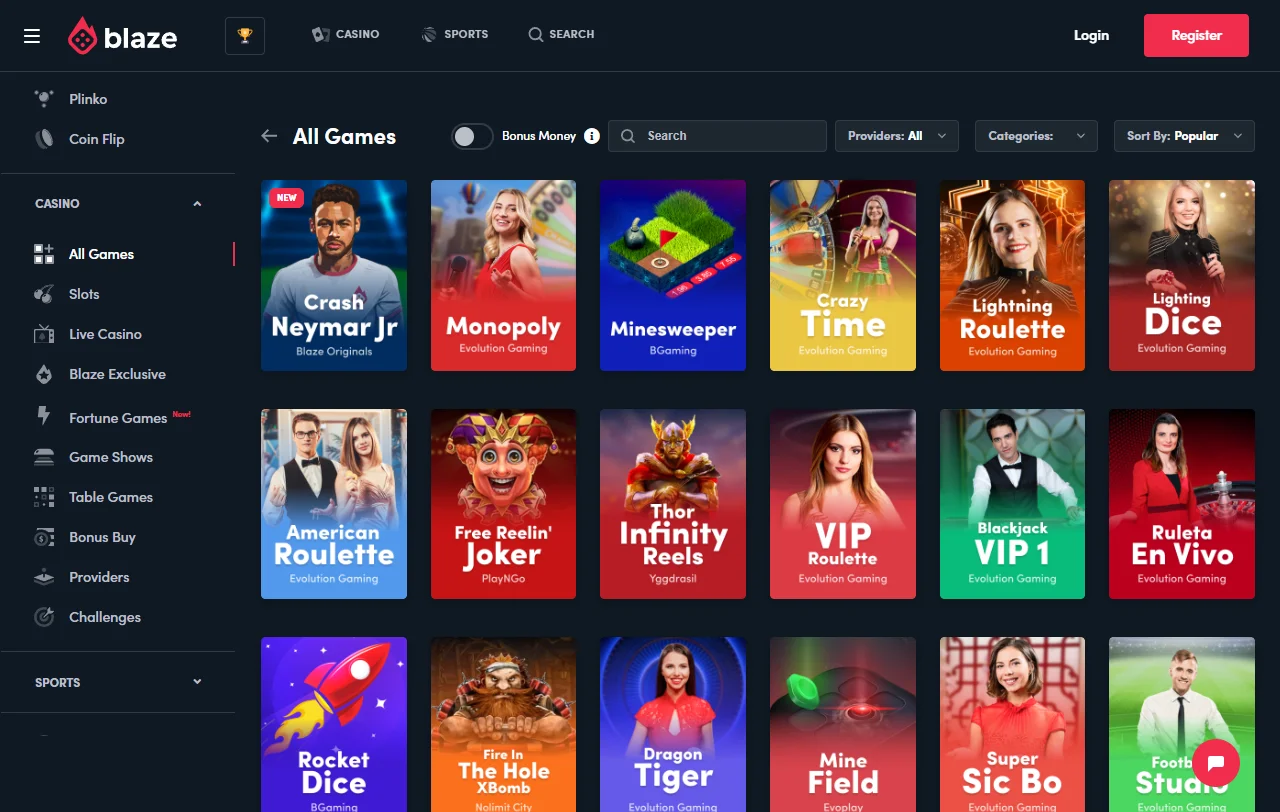 Slots crash games catálogo extenso Blaze Casino Brasil
