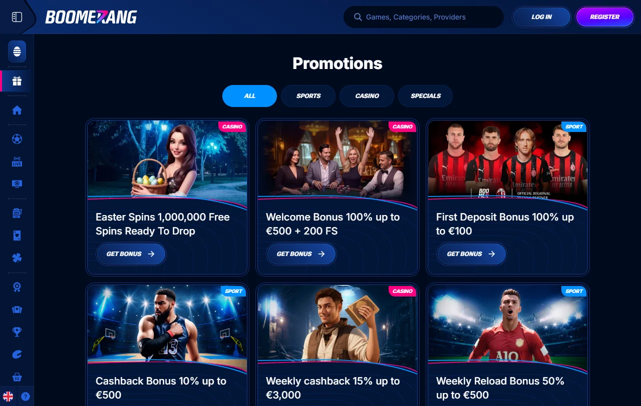 Jogos slots mesas e live casino no Boomerang Casino Brasil catálogo