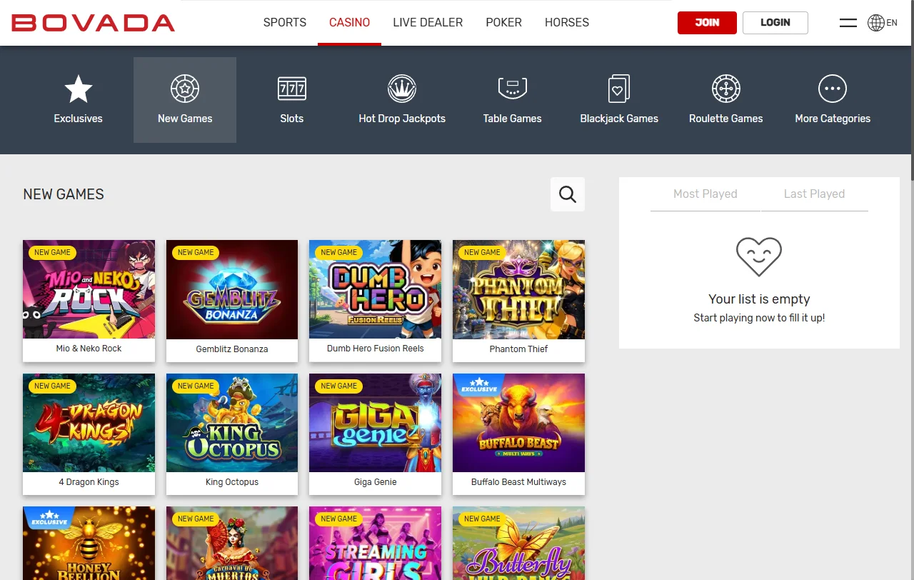 Jogos slots e catálogo variado no Bovada Casino Brasil