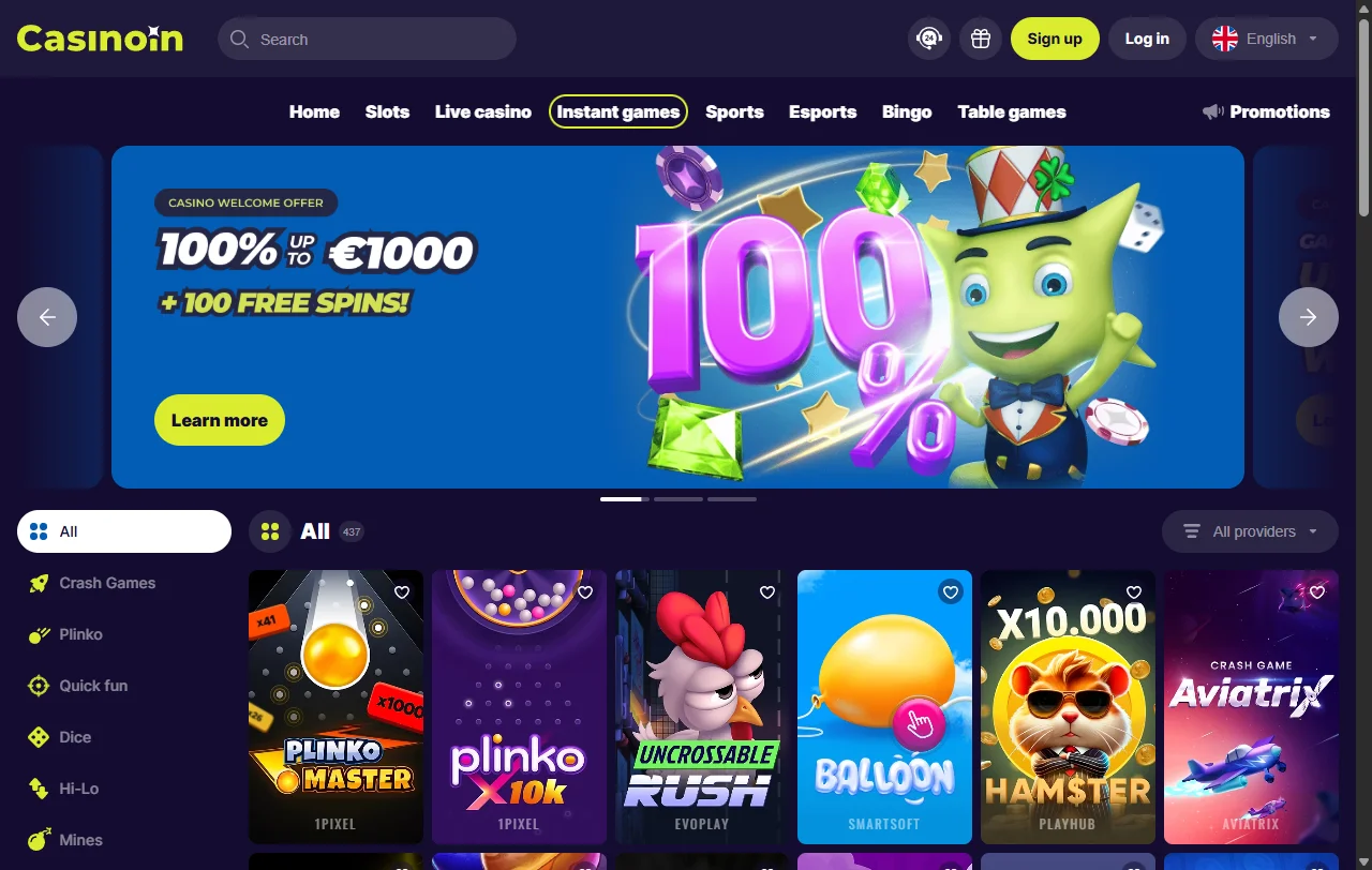 Análise completa do CasinoIn Casino Brasil com interface principal e catálogo de jogos