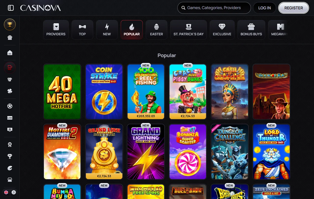 Jogos slots e live casino disponíveis no Casinova Casino Brasil