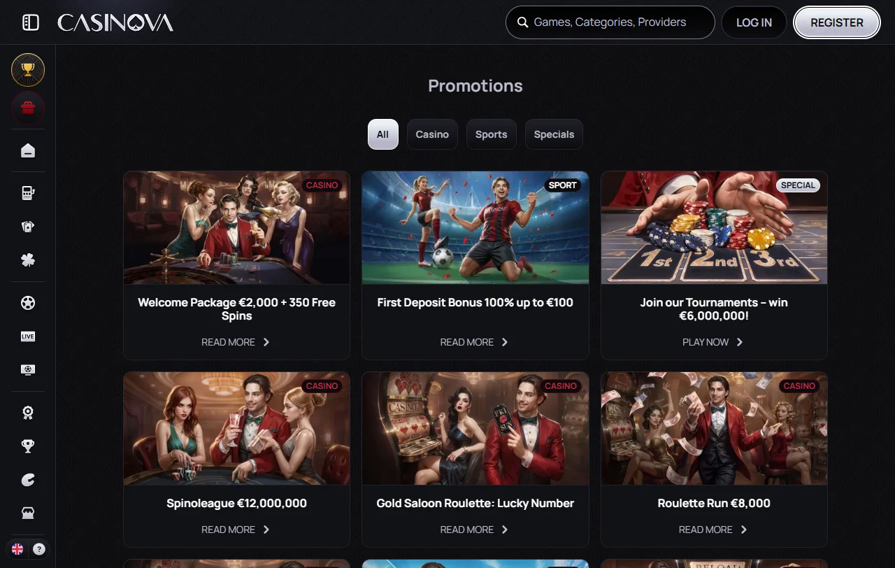 Bônus de boas-vindas e promoções no Casinova Casino Brasil