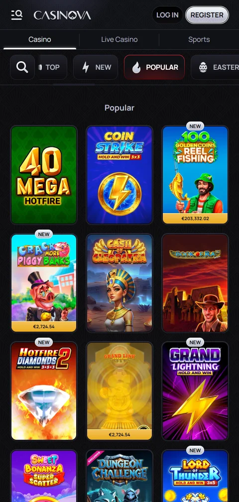 Depósitos PIX e saques no Casinova Casino Brasil mobile