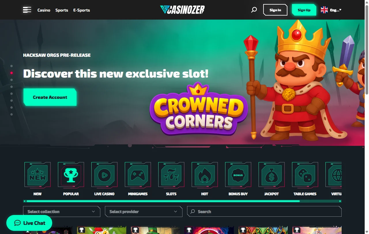 Seleção jogos e provedores no Casinozer Casino Brasil