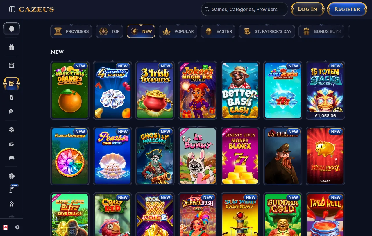 Seleção de slots e jogos de mesa disponíveis em Cazeus Casino Brasil com filtros por provedor