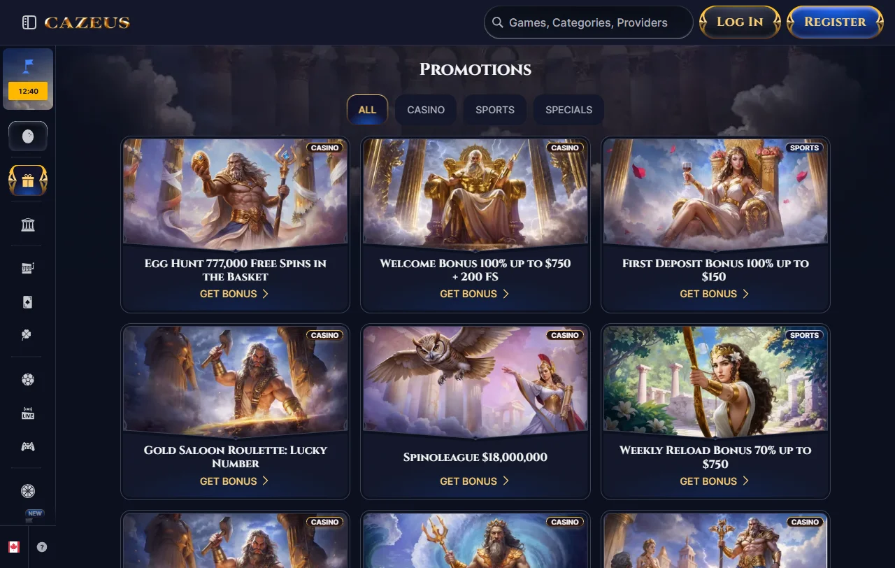 Seção de bônus e promoções ativas em Cazeus Casino Brasil com detalhes de requisitos de aposta