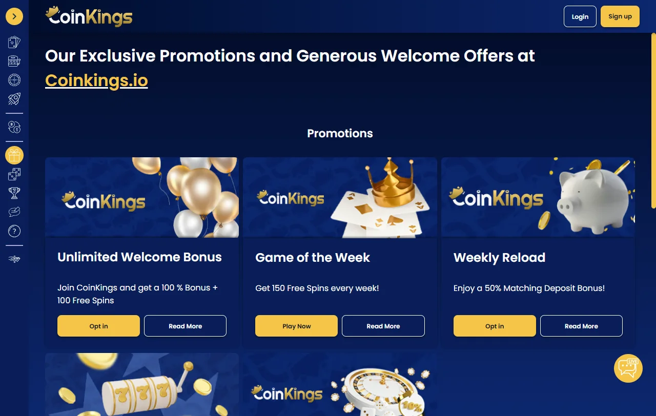 Bônus boas-vindas promoções ativas CoinKings Casino Brasil