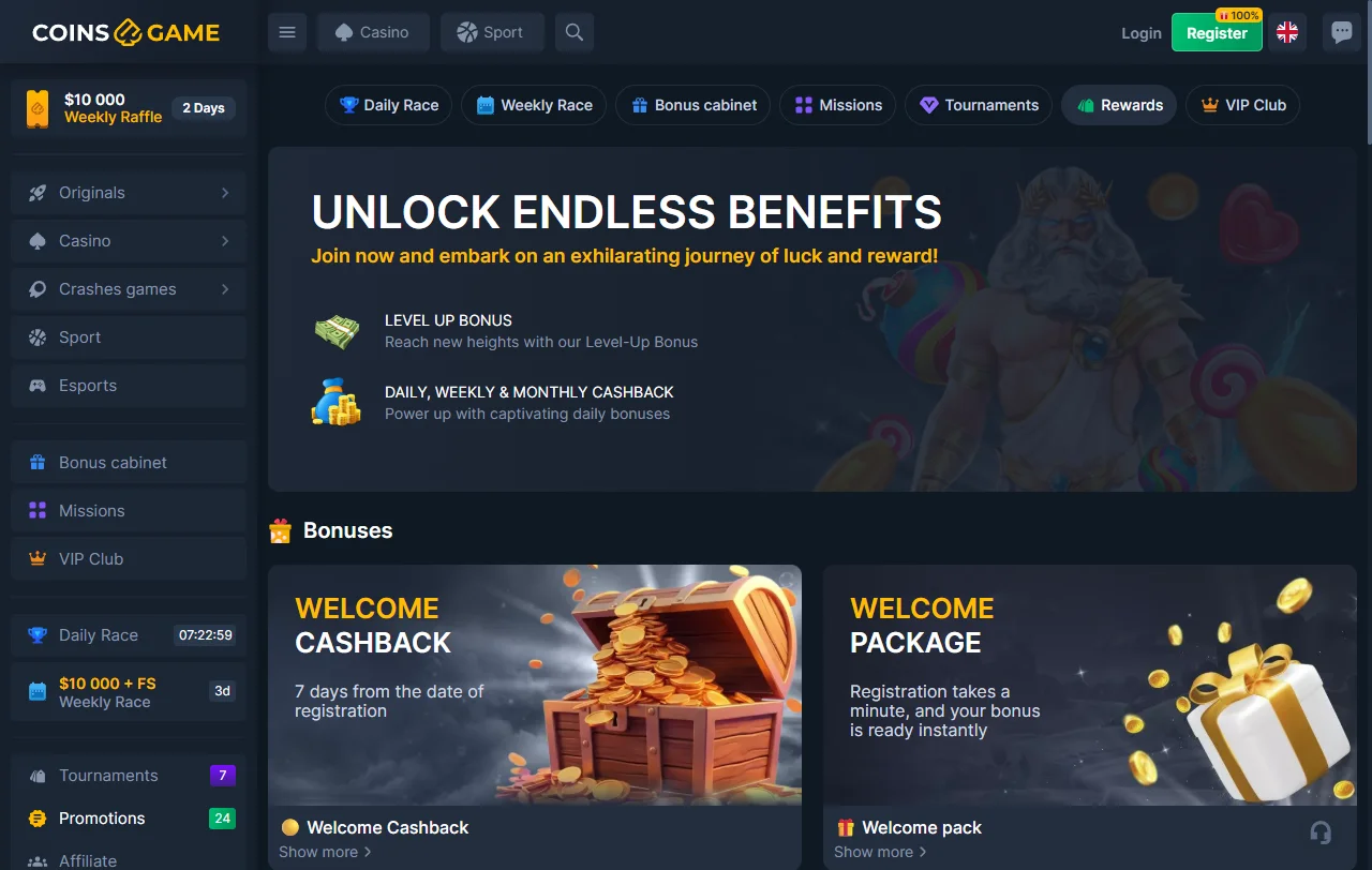 Bônus promoções e cashback Coins Game Casino Brasil detalhados