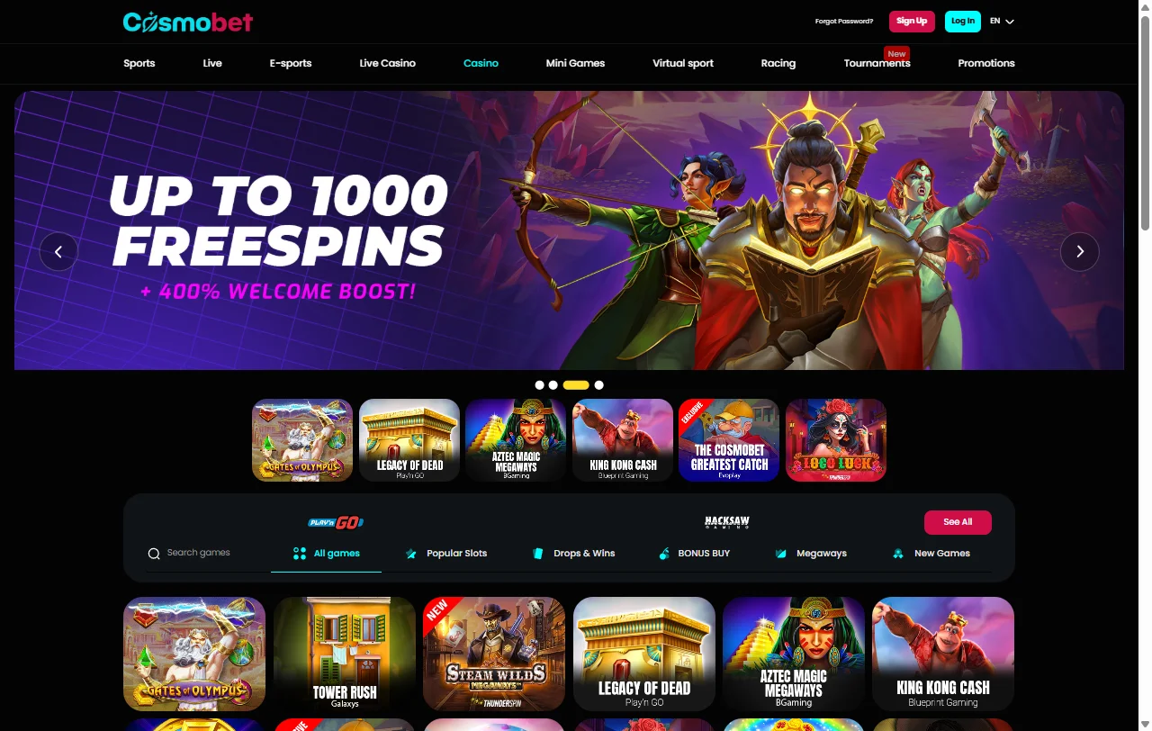 Seleção jogos e provedores principais Cosmobet Casino Brasil