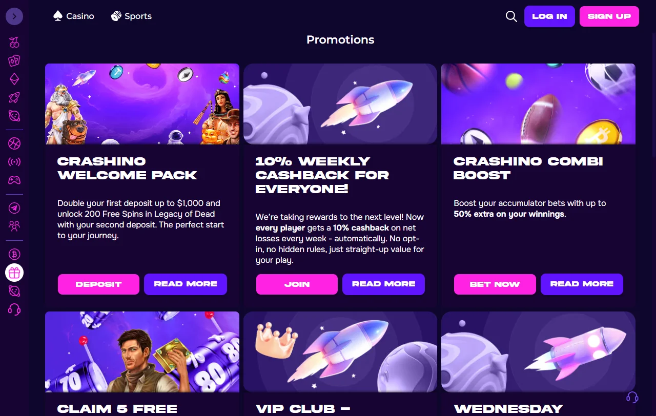 Slots crash games e live casino no Crashino Casino Brasil