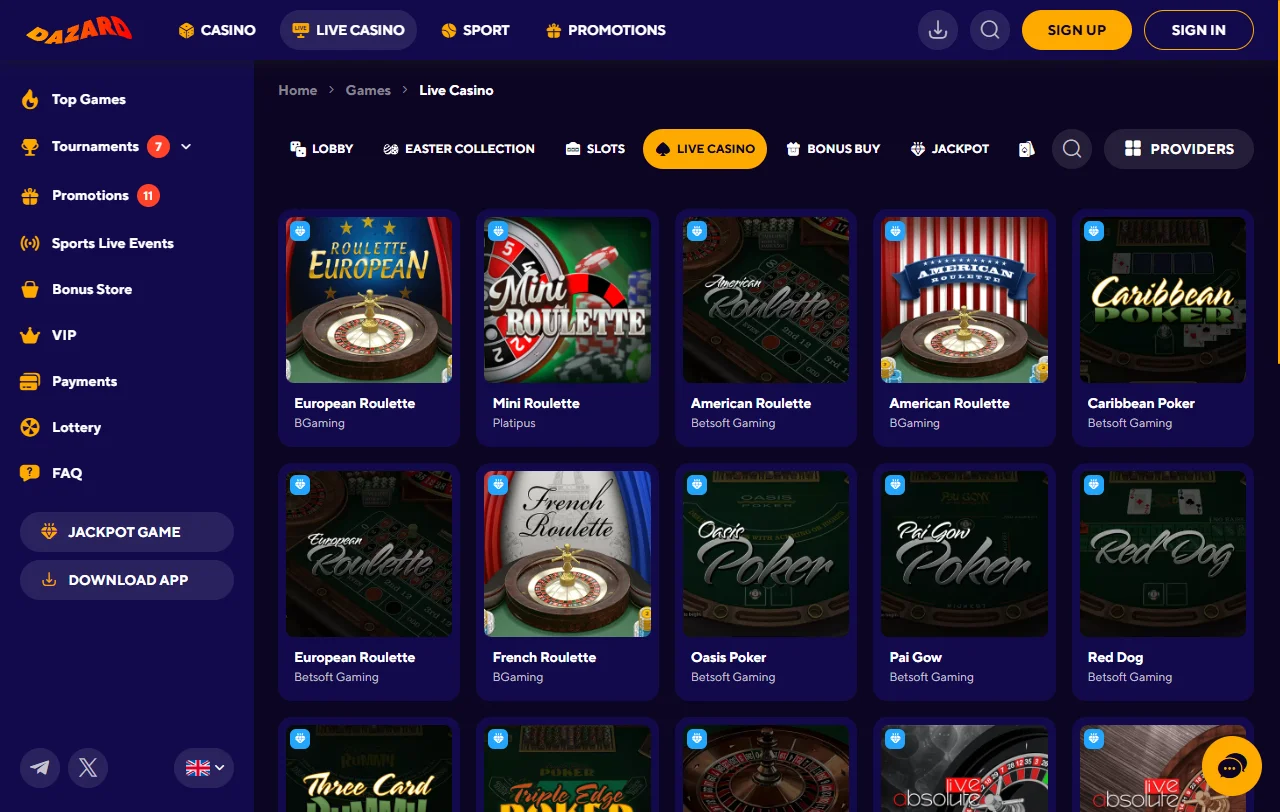 Jogos slots mesas ao vivo disponíveis Dazard Casino Brasil