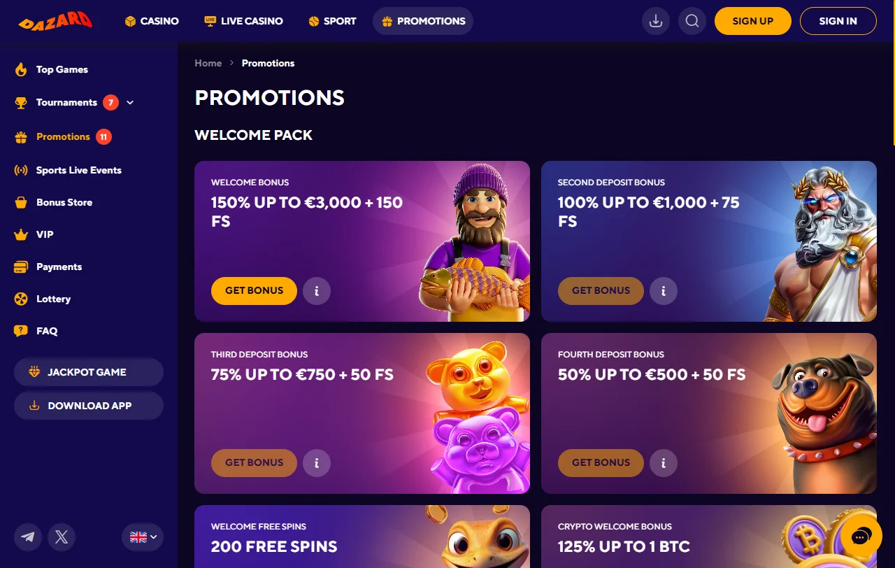 Bônus boas-vindas promoções Dazard Casino Brasil detalhadas