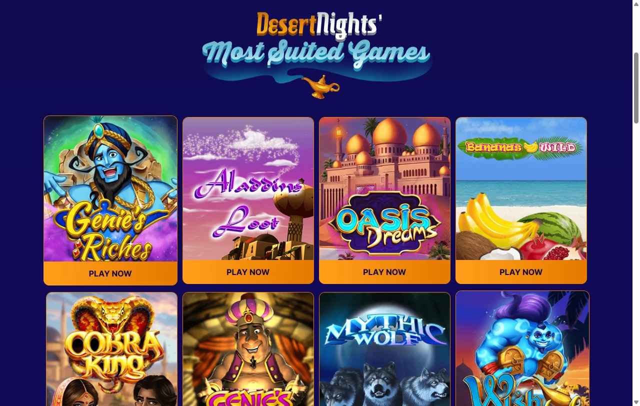 Jogos slots e mesas disponíveis no Desert Nights Casino Brasil