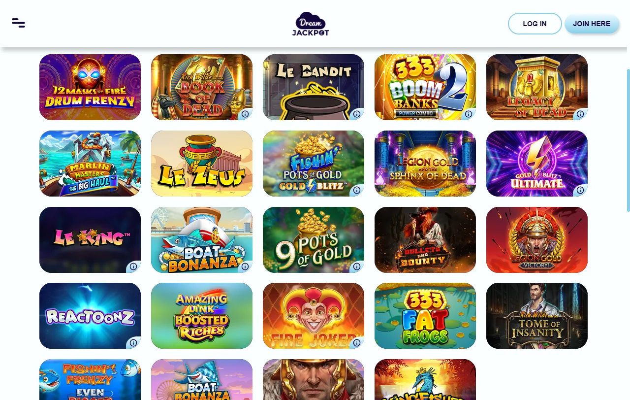 Seleção de jogos e slots no Dream Jackpot Casino Brasil
