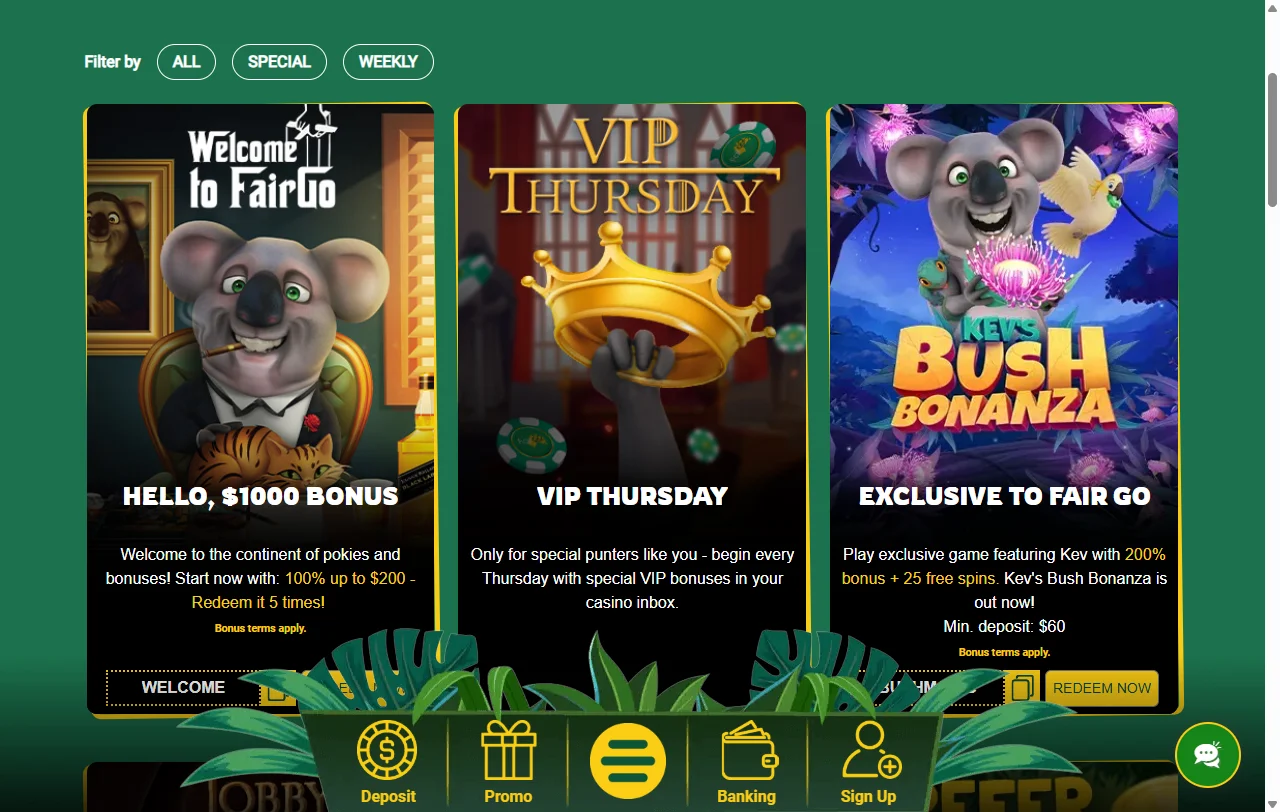 Seleção jogos slots e mesas Fair Go Casino Brasil RTG