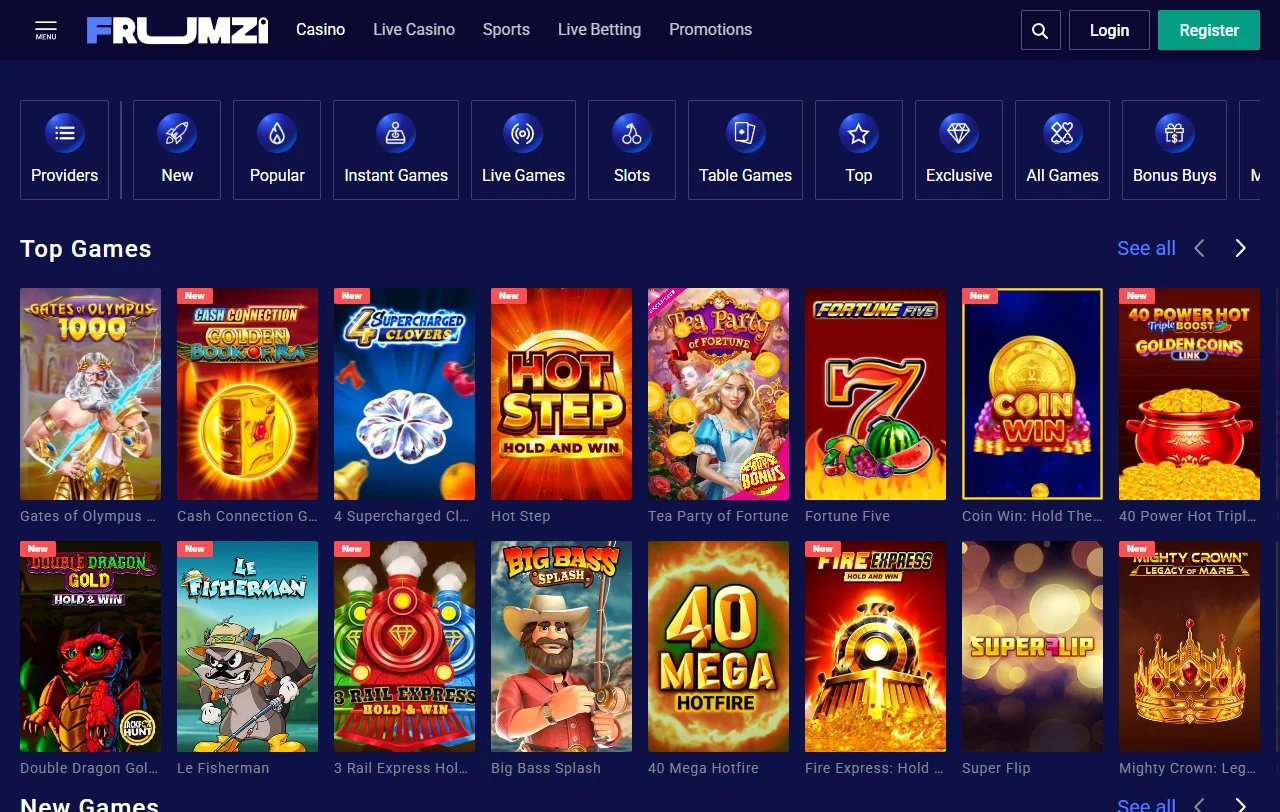 Jogos de slots, mesa e ao vivo disponíveis em Frumzi Casino Brasil com aproximadamente 2.500+ títulos