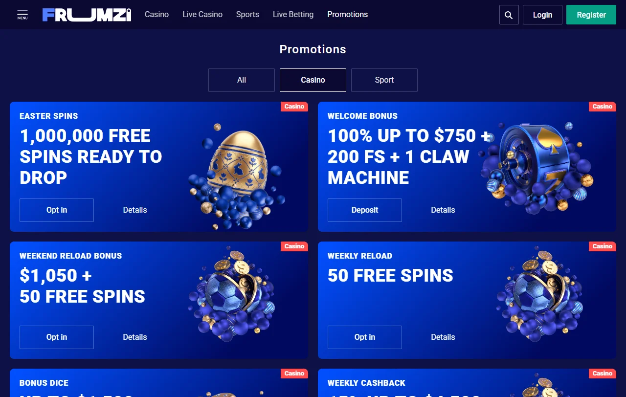 Bônus de boas-vindas e promoções oferecidas por Frumzi Casino Brasil para novos jogadores