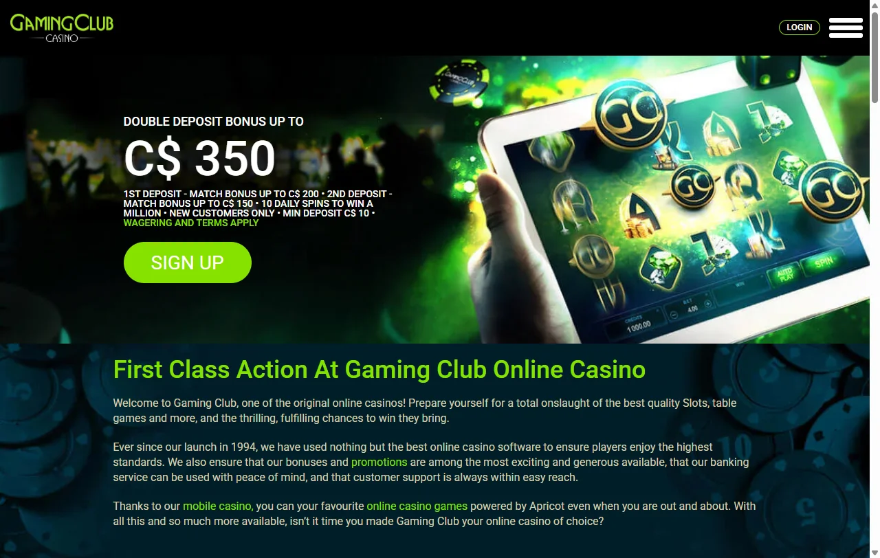 Página inicial do Gaming Club Casino Brasil com menu de categorias, promoções destacadas e acesso a 2.500+ jogos