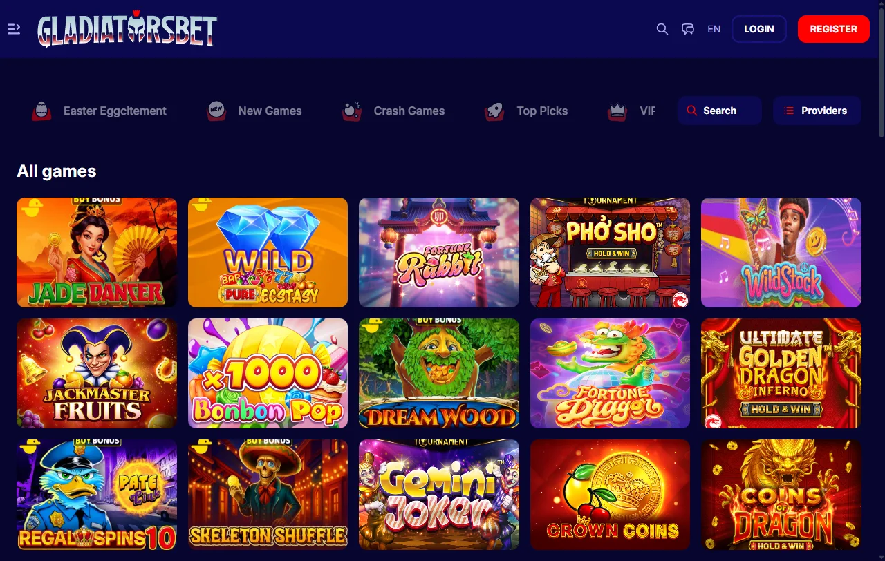 Gladiatorsbet Casino Brasil — plataforma completa com interface desktop, catálogo de 2.500+ jogos e estrutura de bônus até 100%