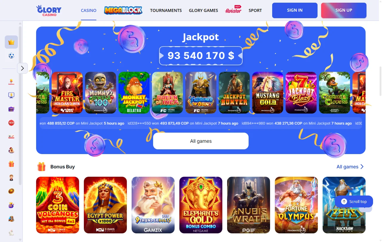 Seleção jogos e provedores principais Glory Casino Brasil