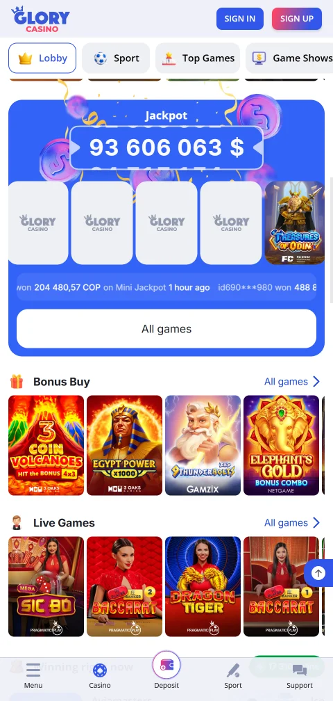 Depósitos saques métodos pagamento Glory Casino Brasil